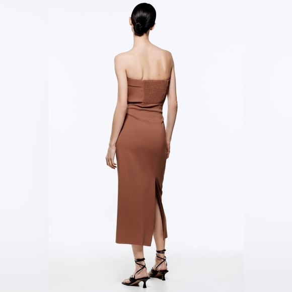 Zara Brown MIDI Bustier Dress strapless Bodycon women’s Size Large 10 12 14 - Picture 4 of 13